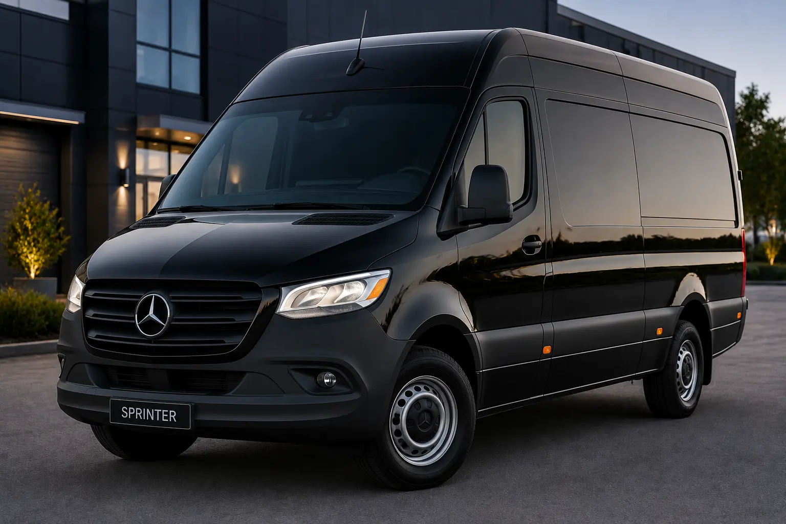 Black Mercedes-Benz Sprinter executive van outside a modern building