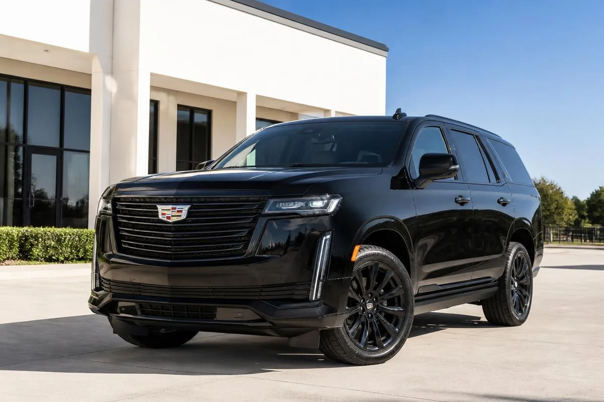Black Cadillac Escalade luxury SUV at a private residence entrance