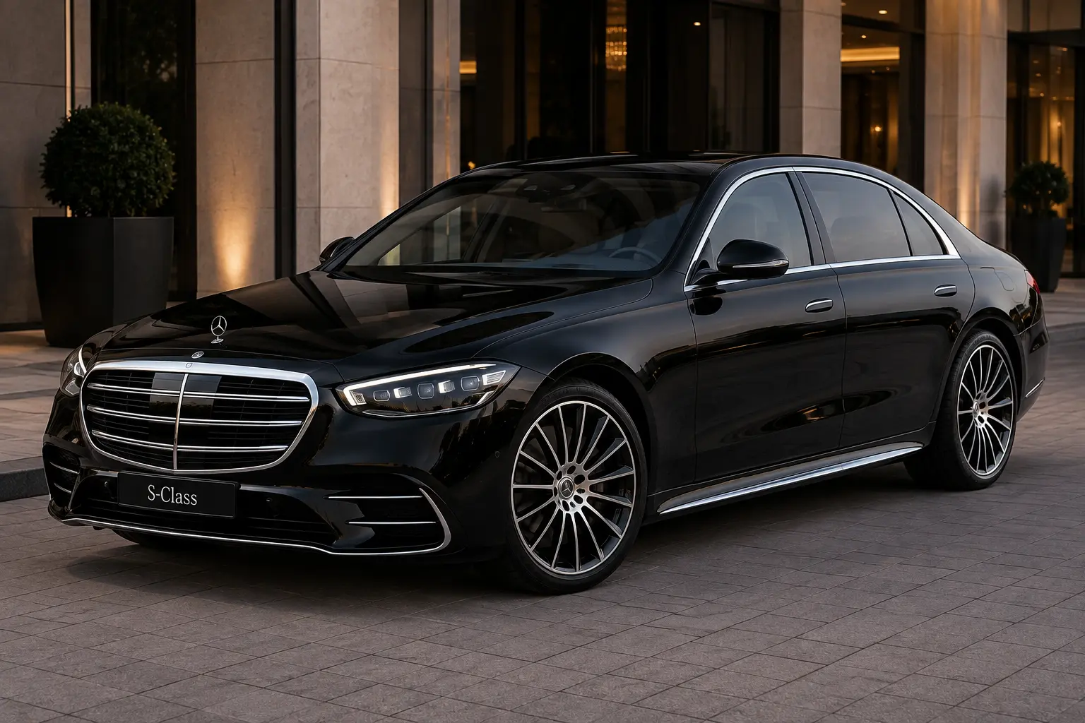 Black Mercedes-Benz S-Class first class sedan at a hotel entrance