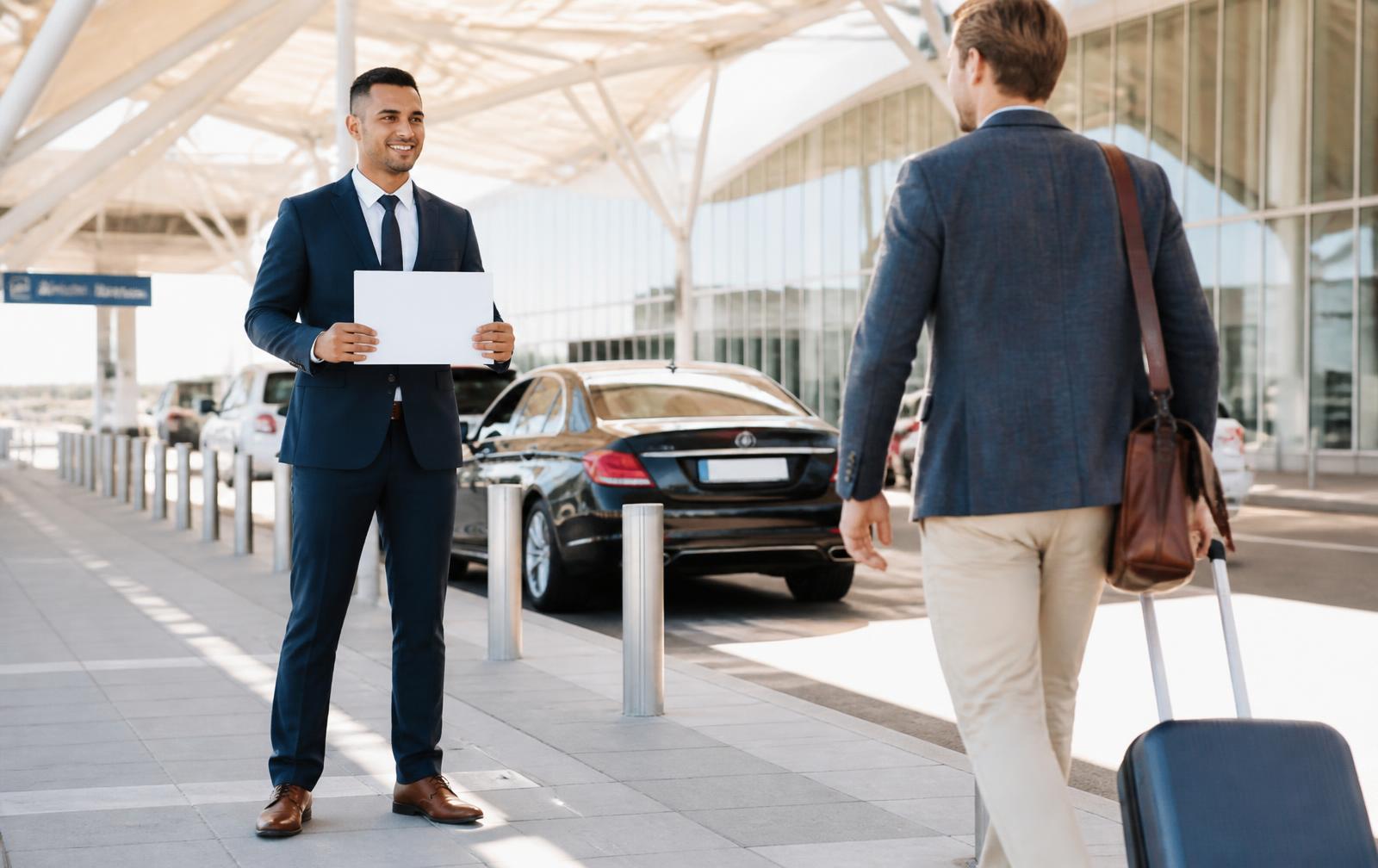 Chauffeur meeting an arriving traveler at a sunlit airport terminal