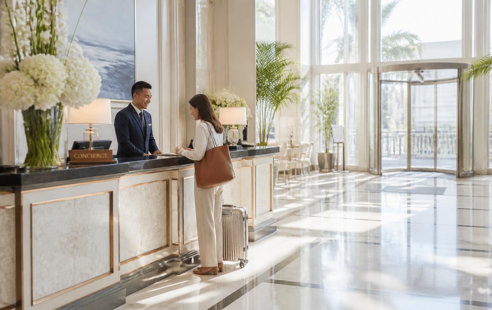 Concierge assisting a guest in a bright luxury hotel lobby