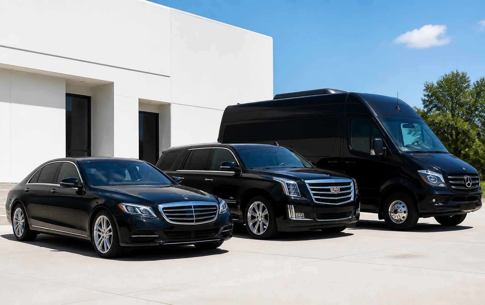 Executive sedan, luxury SUV and Sprinter van parked in daylight