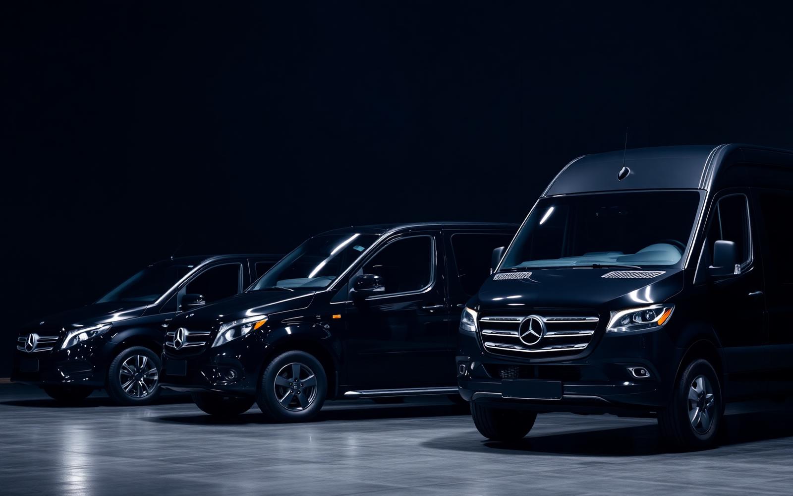 Row of premium black vehicles in a dark garage