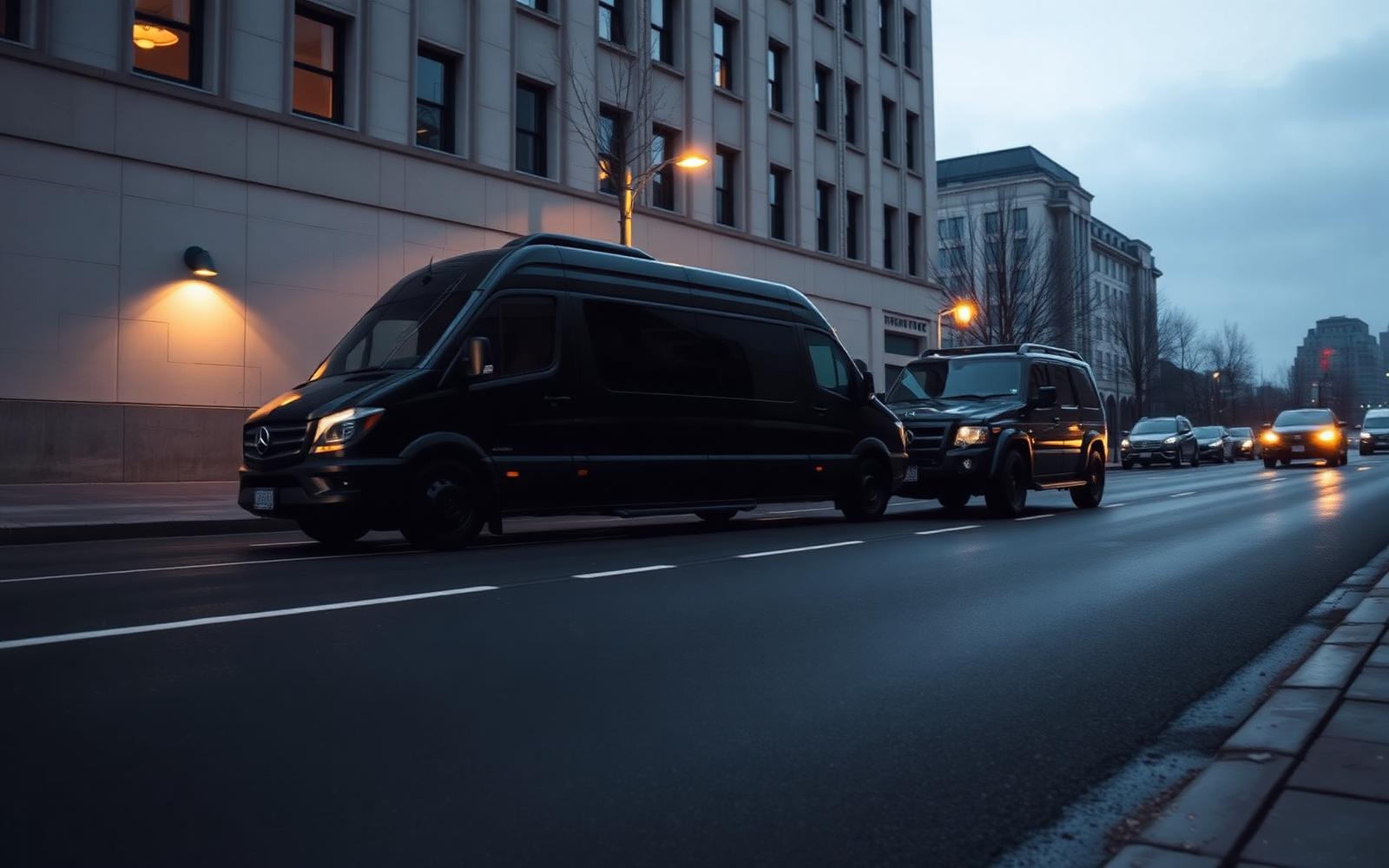 Black executive Sprinter van and SUV waiting curbside at dusk