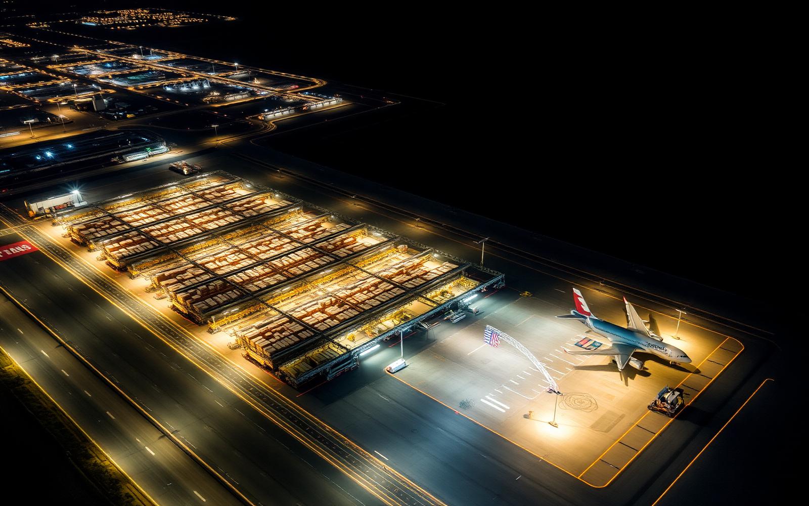 Aerial view of a night-time logistics terminal and airport apron