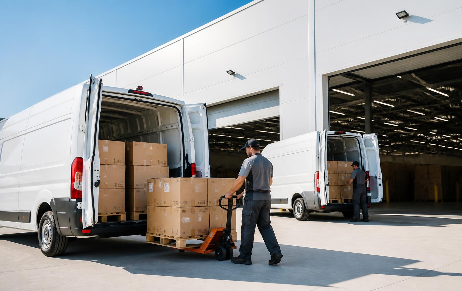 Crew loading cargo vans at a bright modern logistics facility
